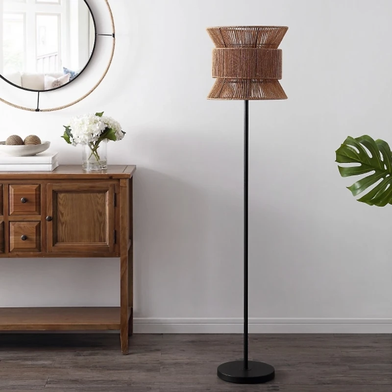 Black Floor Lamp with Natural Woven Shade