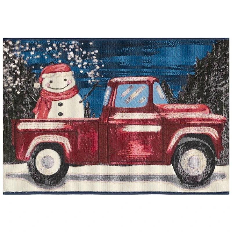 Holiday Truck with Snowman Christmas Mat