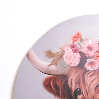 Round Floral Highland Cow Canvas Art Print