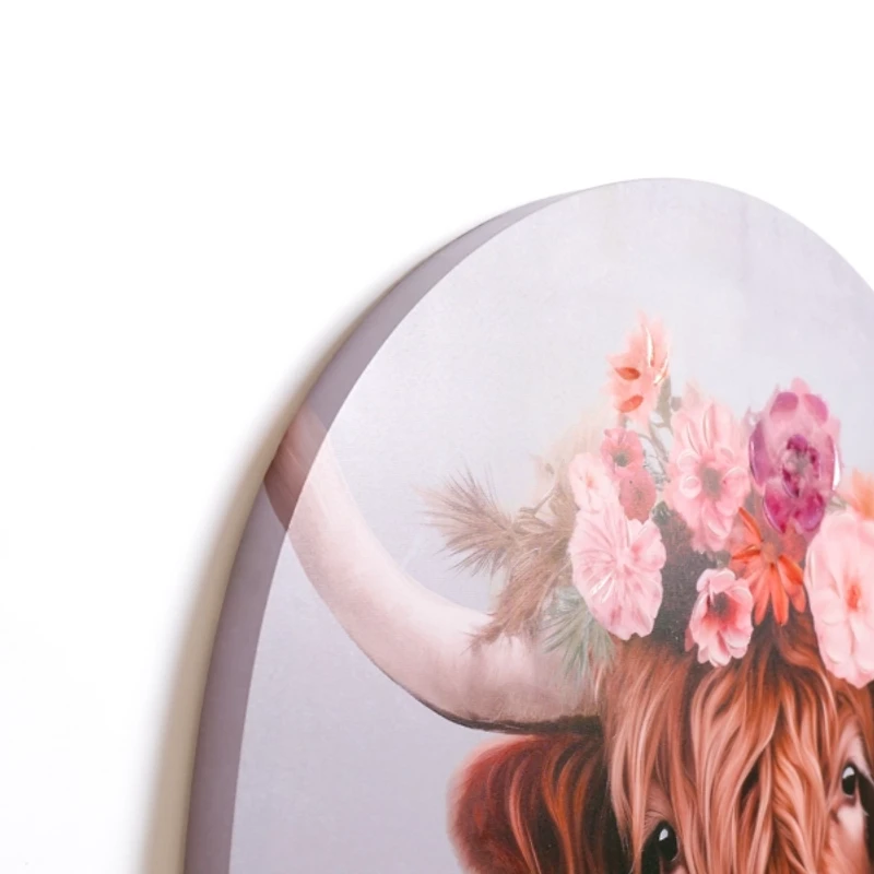 Round Floral Highland Cow Canvas Art Print
