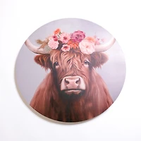 Round Floral Highland Cow Canvas Art Print