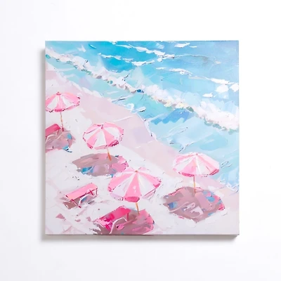 Pink Umbrellas on the Beach Canvas Art Print