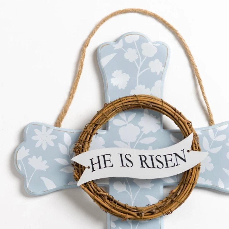Blue Floral He Is Risen Cross Wall Plaque