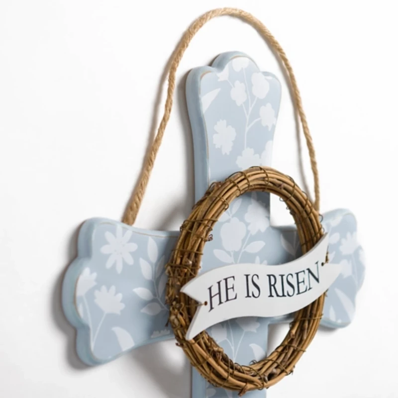 Blue Floral He Is Risen Cross Wall Plaque