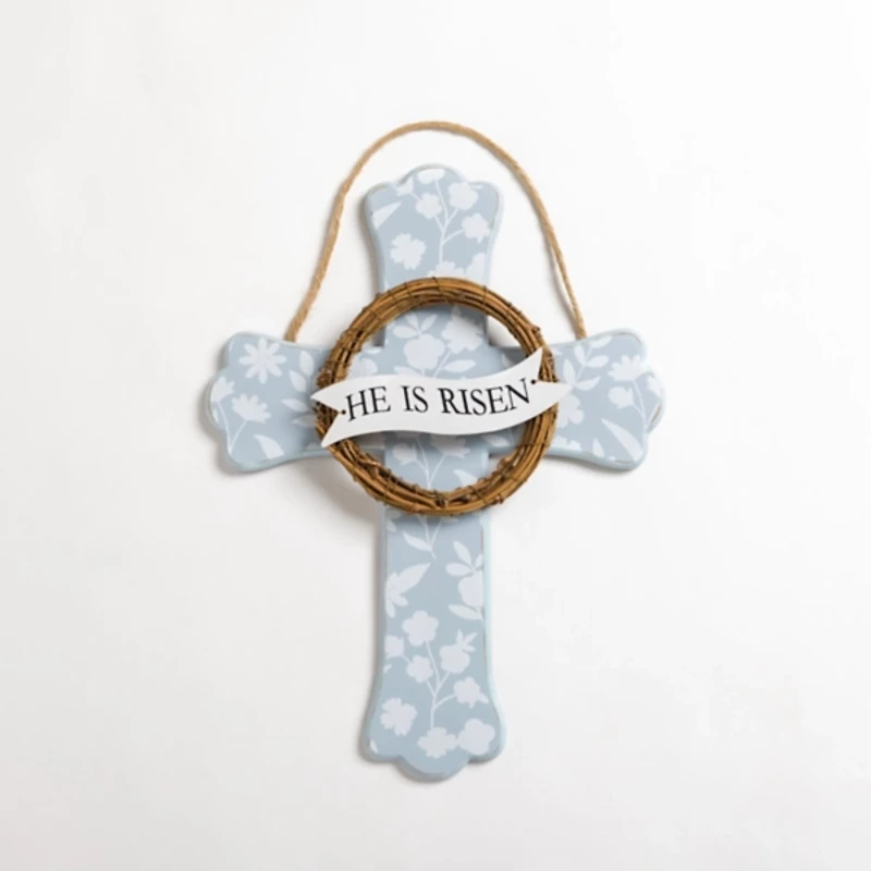 Blue Floral He Is Risen Cross Wall Plaque