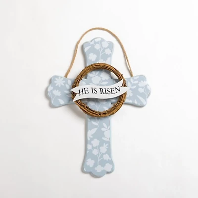 Blue Floral He Is Risen Cross Wall Plaque