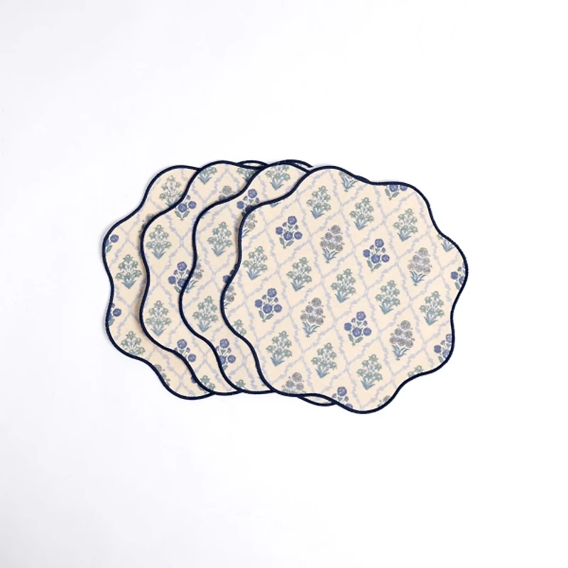 Blue Floral Scalloped Placemats, Set of 4
