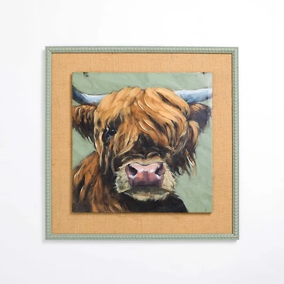 Shy Cow Burlap Framed Art Print