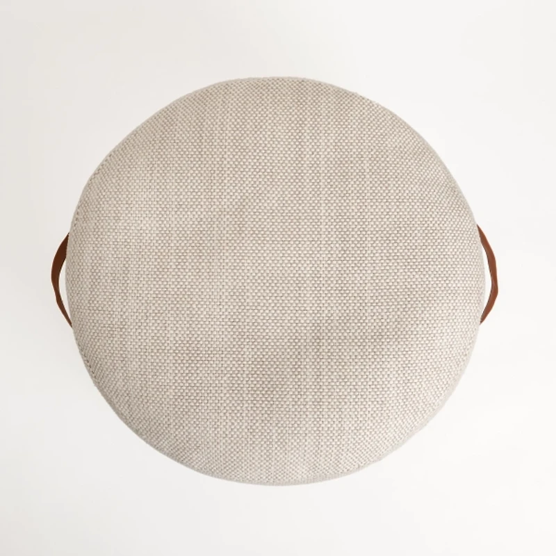 Cream Woven Round Pouf with Handles
