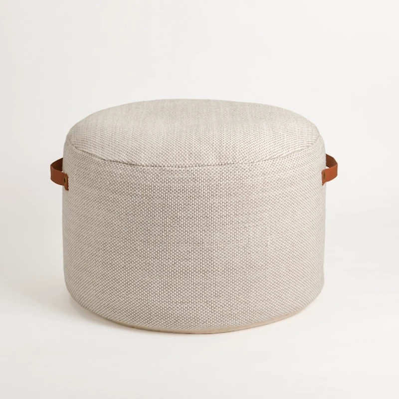 Cream Woven Round Pouf with Handles
