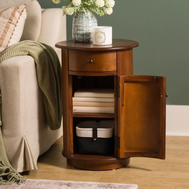 Avery Brown Wood Round Charging End Table