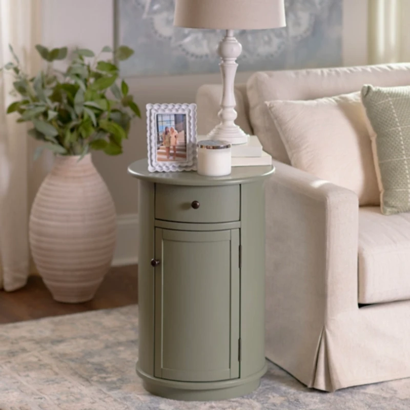 Avery Sage Green Wood Round Charging End Table