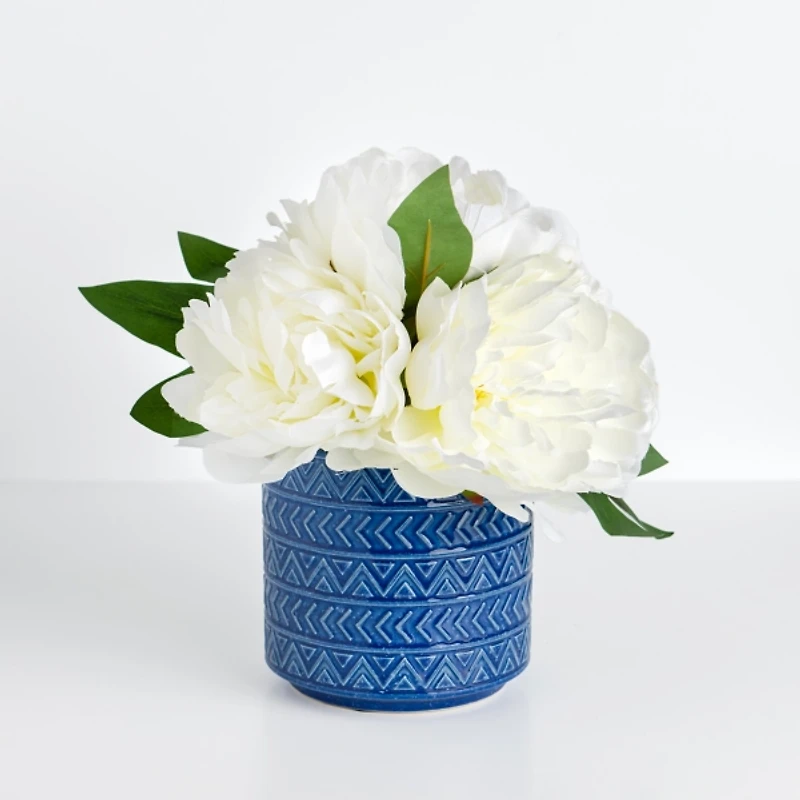 White Peony in Blue Vase Arrangement