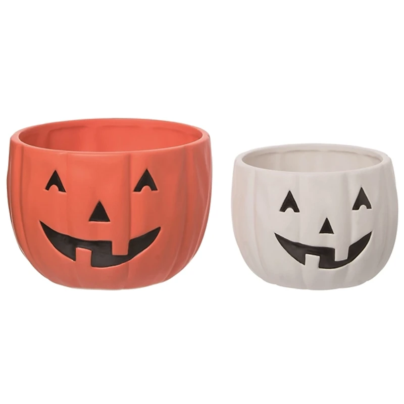 Orange and White Jack O Lantern Bowls, Set of 2