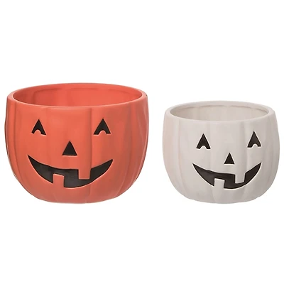 Orange and White Jack O Lantern Bowls, Set of 2