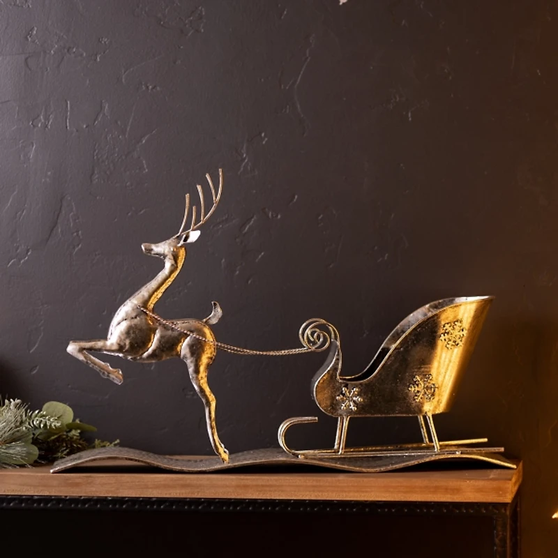 Hammered Metal Reindeer with Sleigh Decoration