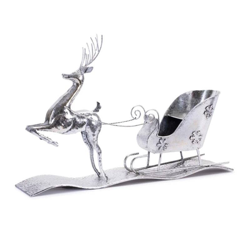 Hammered Metal Reindeer with Sleigh Decoration
