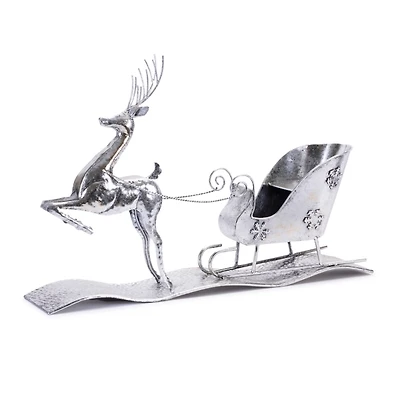 Hammered Metal Reindeer with Sleigh Decoration