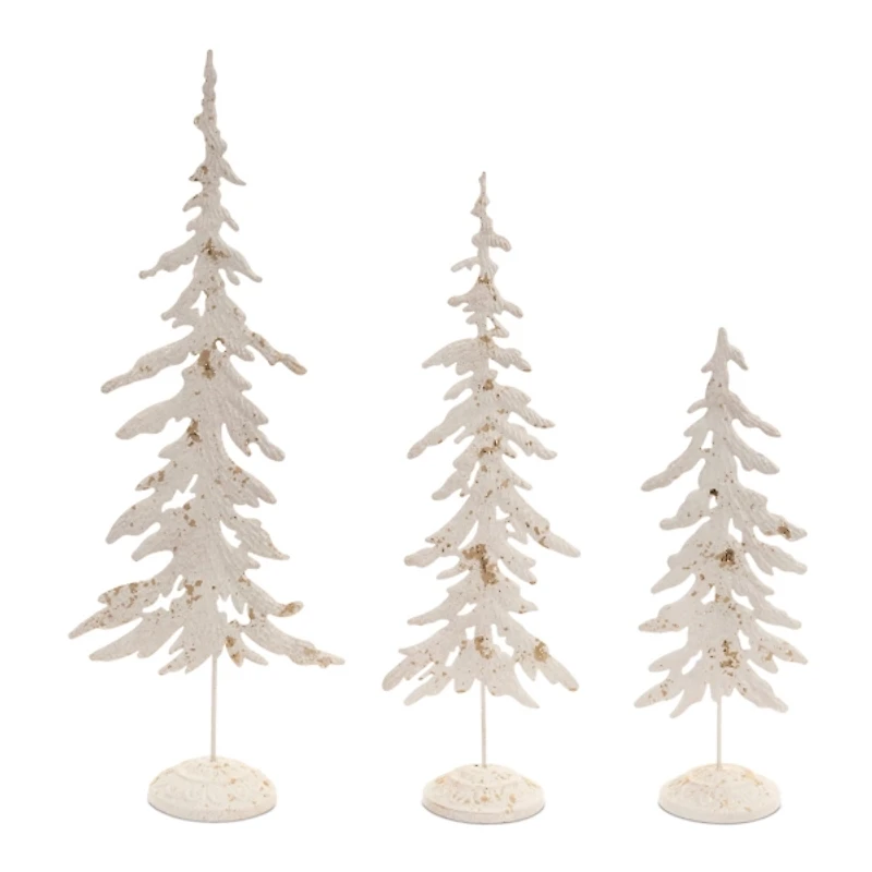 Distressed White Metal Pine Trees, Set of 3