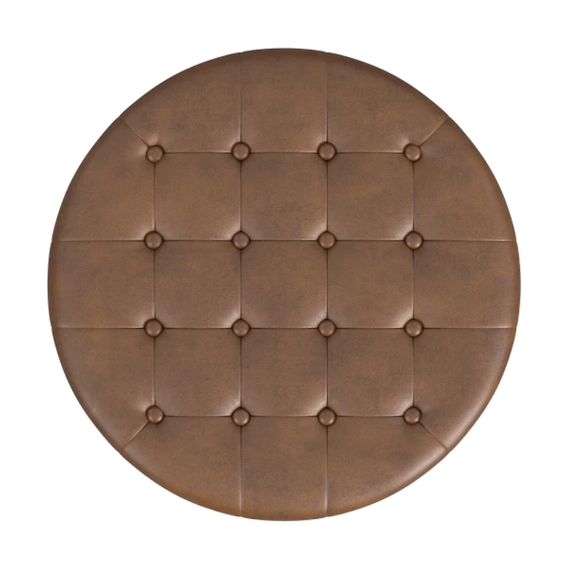 Brown Round Faux Leather Tufted Storage Ottoman