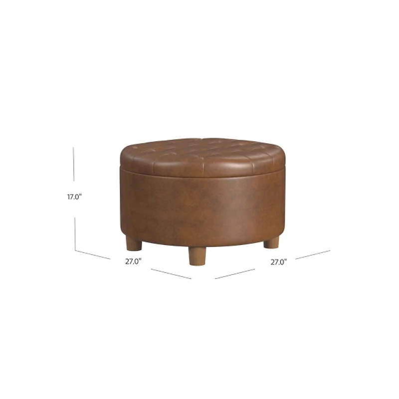 Brown Round Faux Leather Tufted Storage Ottoman