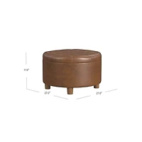 Brown Round Faux Leather Tufted Storage Ottoman