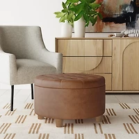 Brown Round Faux Leather Tufted Storage Ottoman