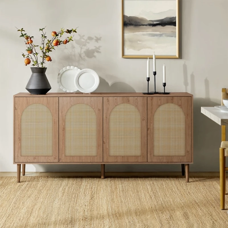 Oak and Natural Rattan 4-Door Sideboard