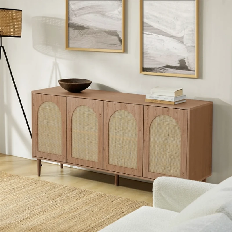 Oak and Natural Rattan 4-Door Sideboard