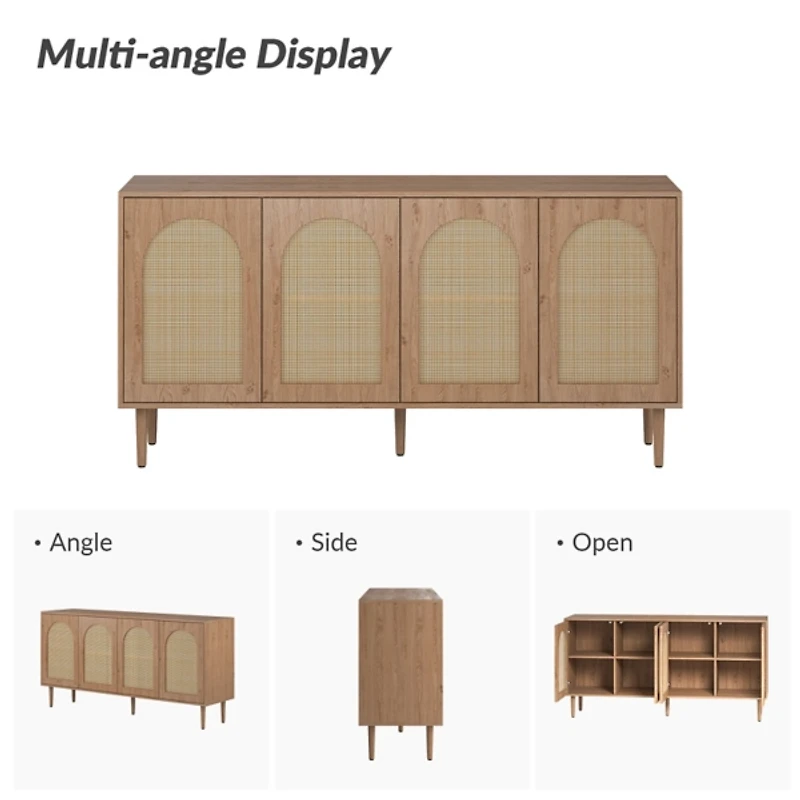 Oak and Natural Rattan 4-Door Sideboard