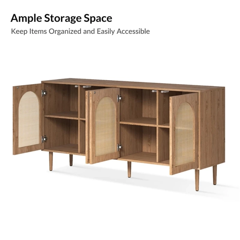 Oak and Natural Rattan 4-Door Sideboard
