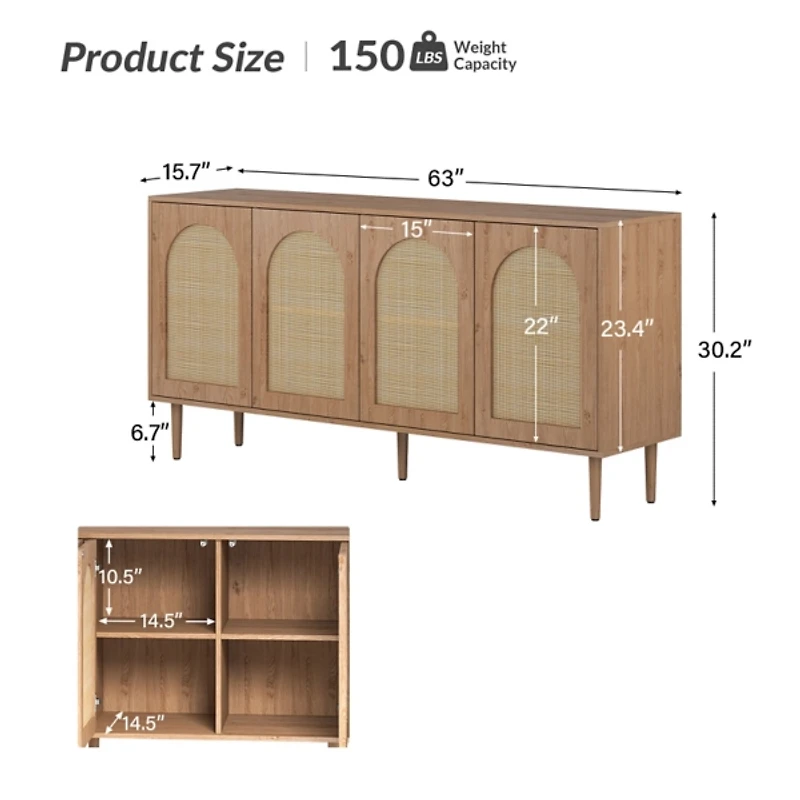 Oak and Natural Rattan 4-Door Sideboard