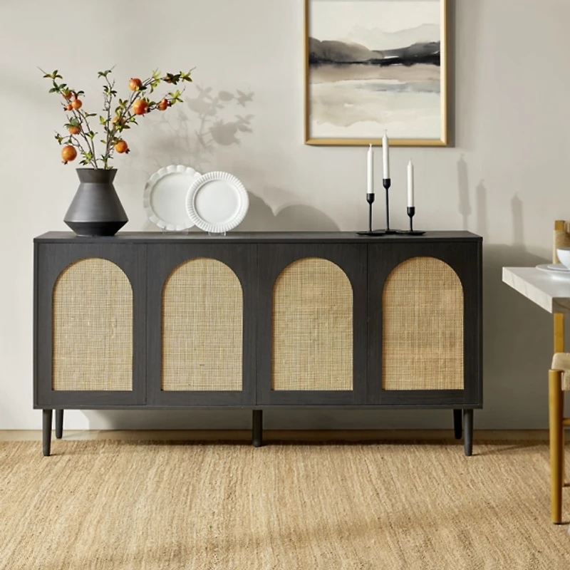 Black and Natural Rattan 4-Door Sideboard