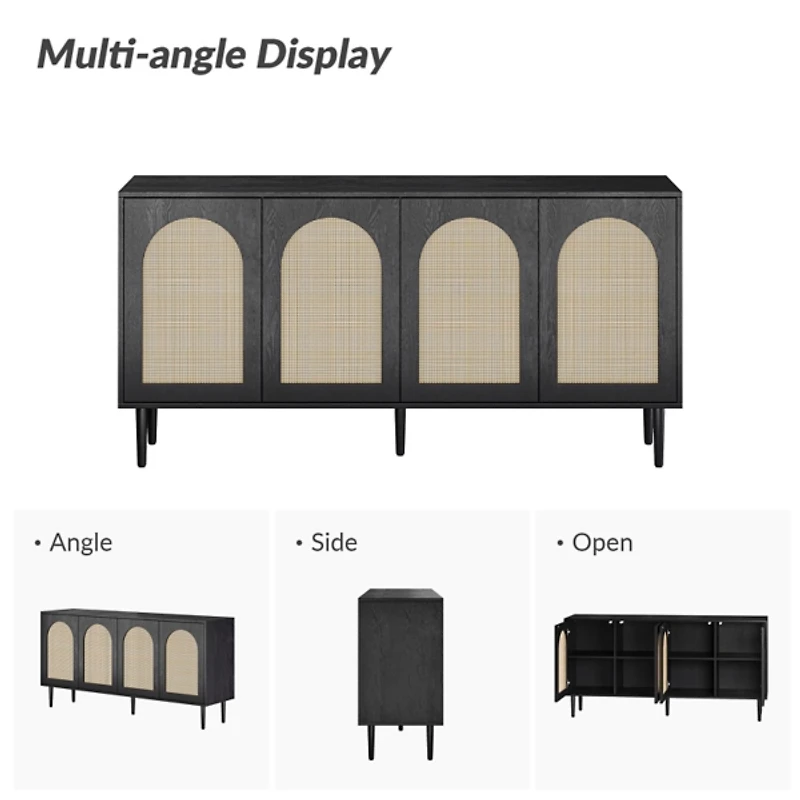 Black and Natural Rattan 4-Door Sideboard