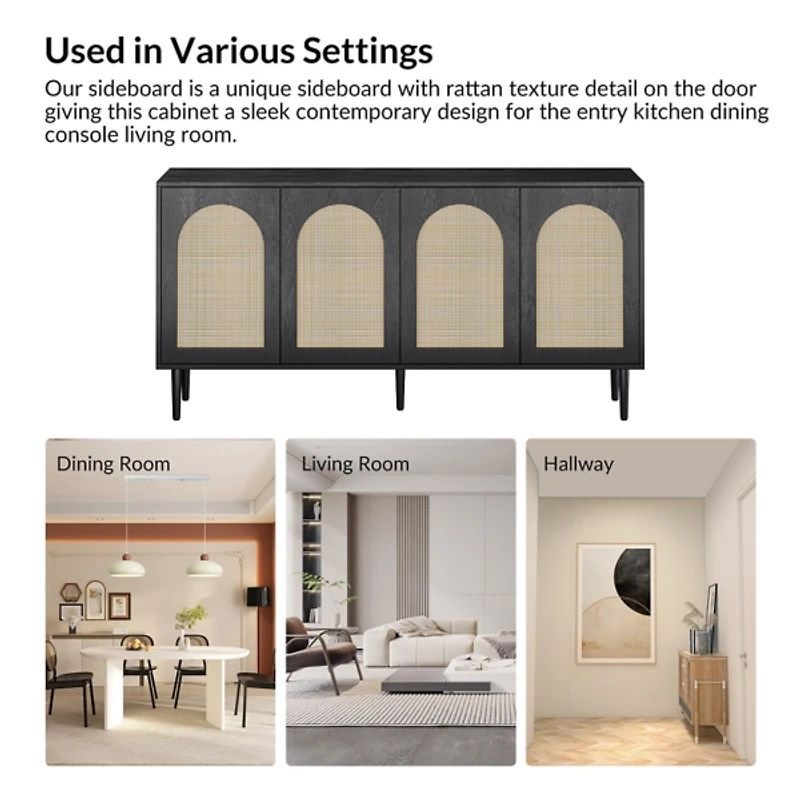 Black and Natural Rattan 4-Door Sideboard
