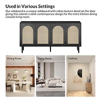 Black and Natural Rattan 4-Door Sideboard