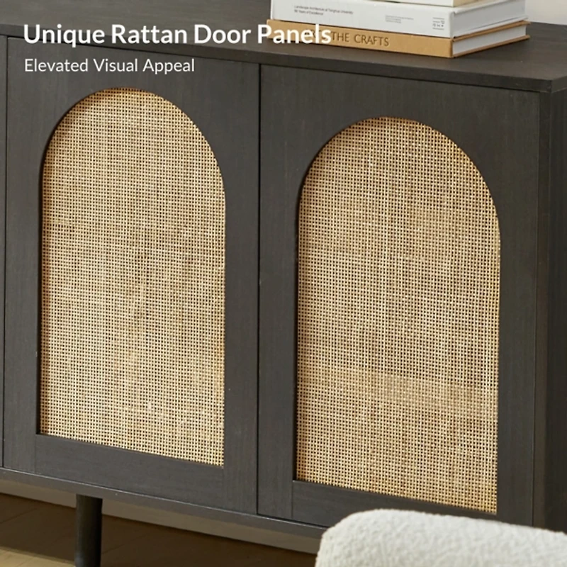 Black and Natural Rattan 4-Door Sideboard