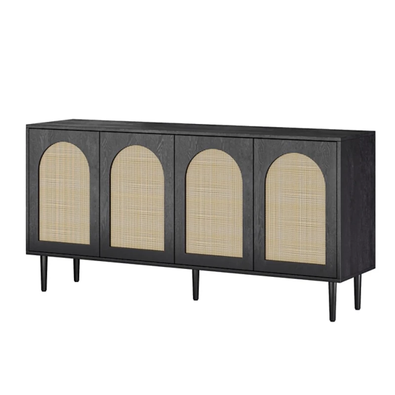 Black and Natural Rattan 4-Door Sideboard