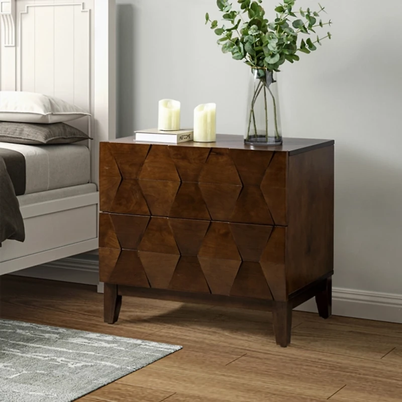 Walnut Geometric 2-Drawer Charging Nightstand