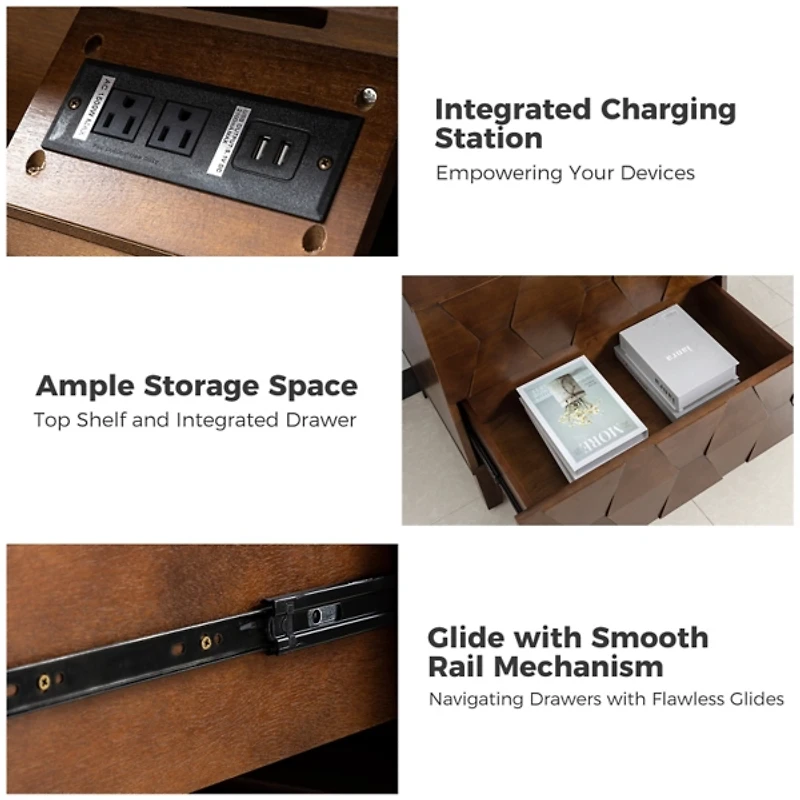 Walnut Geometric 2-Drawer Charging Nightstand