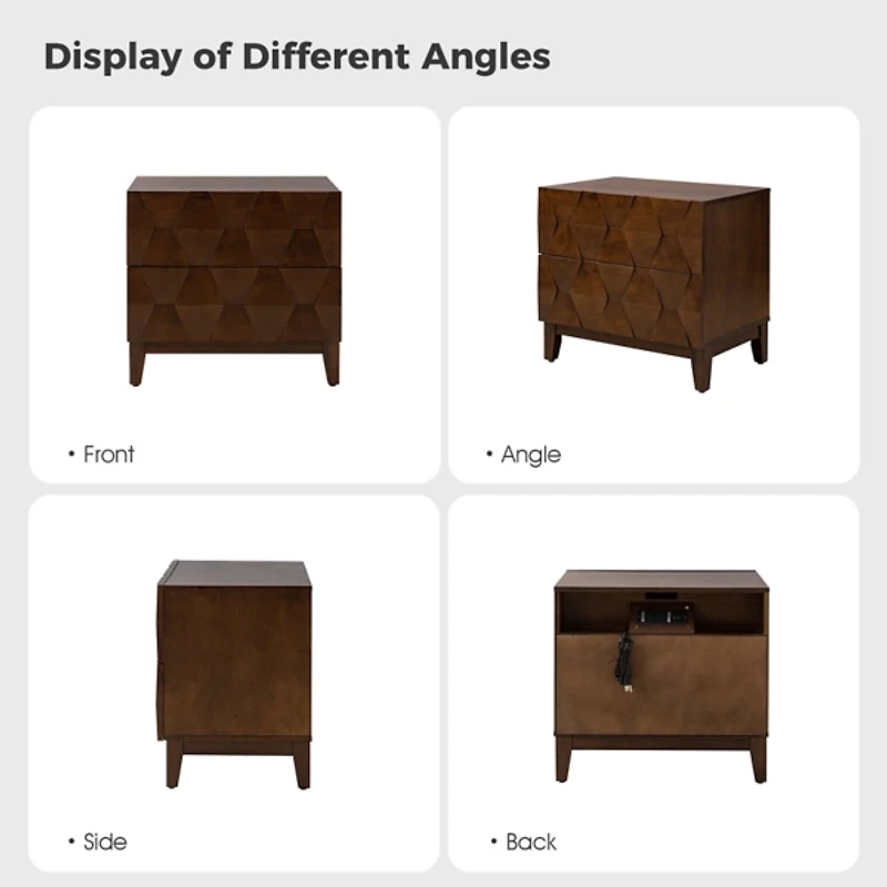 Walnut Geometric 2-Drawer Charging Nightstand