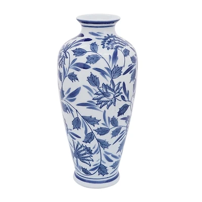 Blue & White Chinoiserie Ceramic Vase, 13 in.
