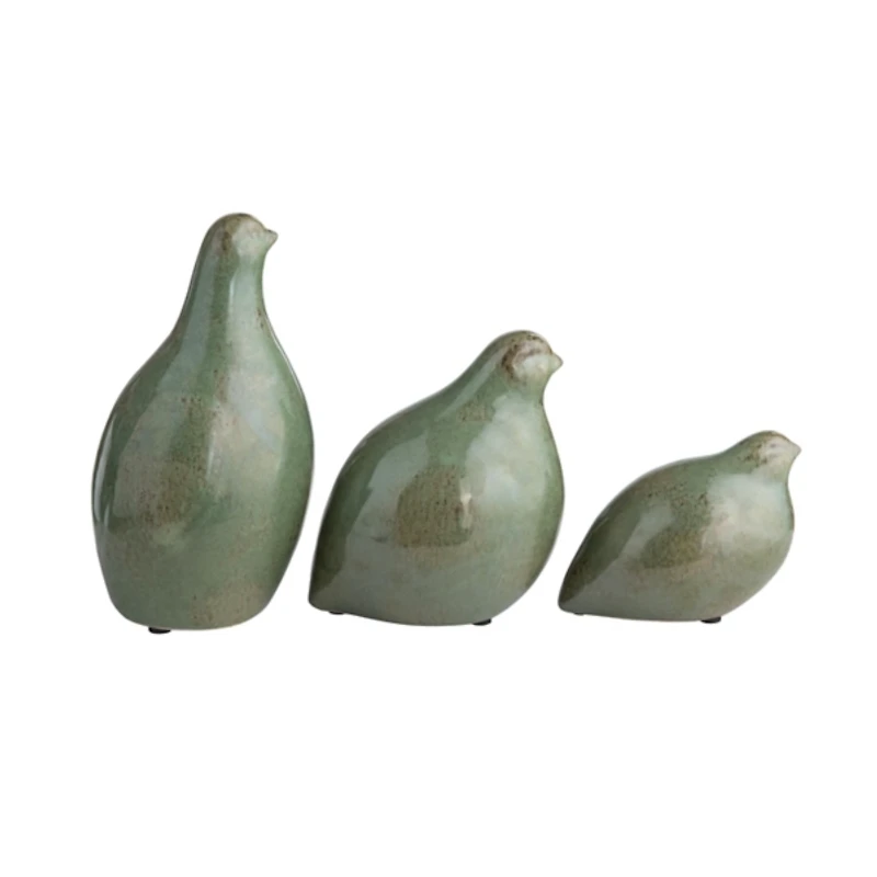 Green Glazed Ceramic Bird Figurines, Set of 3