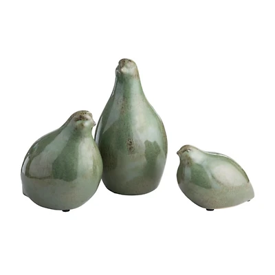 Green Glazed Ceramic Bird Figurines, Set of 3