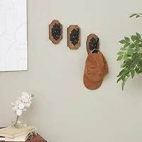 Black Metal and Wood Wall Hooks, Set of 3
