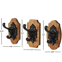 Black Metal and Wood Wall Hooks, Set of 3