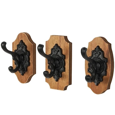 Black Metal and Wood Wall Hooks, Set of 3