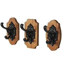 Black Metal and Wood Wall Hooks, Set of 3