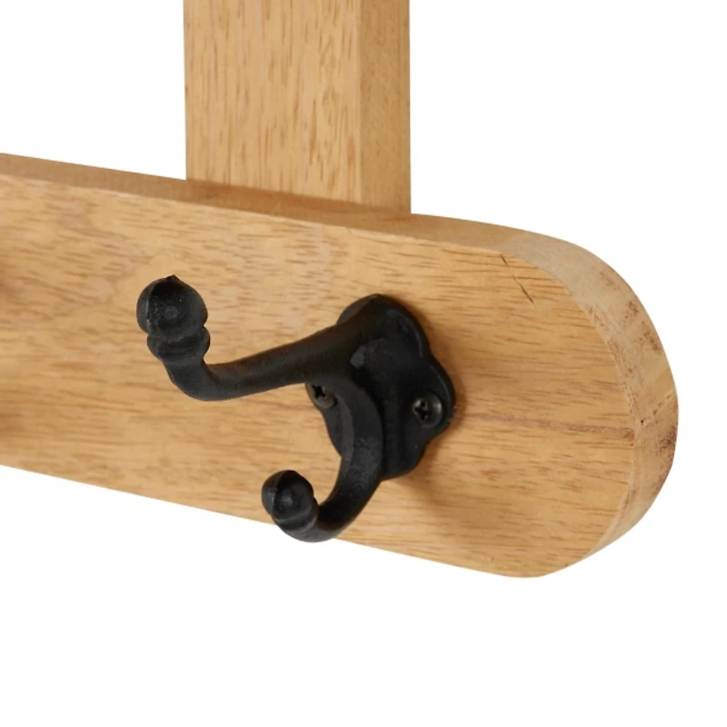 Natural Wood Wall Shelf with Hooks