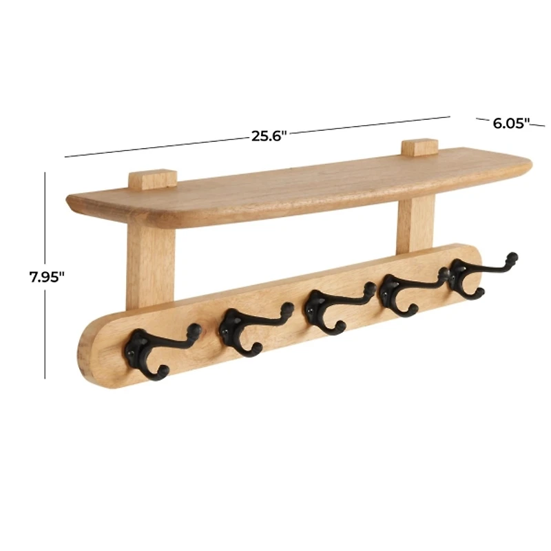 Natural Wood Wall Shelf with Hooks